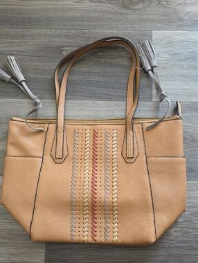 Kate Landry Tan Tote with Braided Accent and Tassels